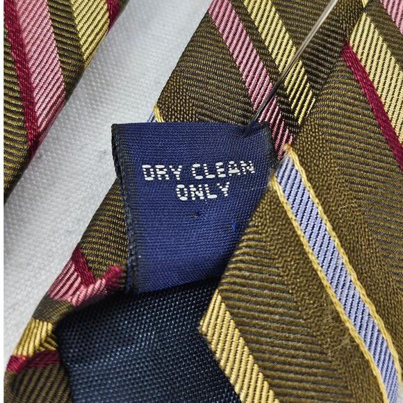 J CREW VINTAGE MEN'S 100% SILK BROWN/GOLD/PINK WHITE STRIPED NECK TIE - Picture 6 of 8
